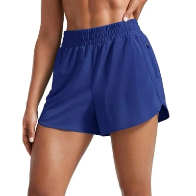 Abbildung von CRZ YOGA Damen Kurz Sporthose Laufhose High Waist Fitness Sport Shorts Kurze Hose mit Reißverschlusstasche Rittersporn Blau 42