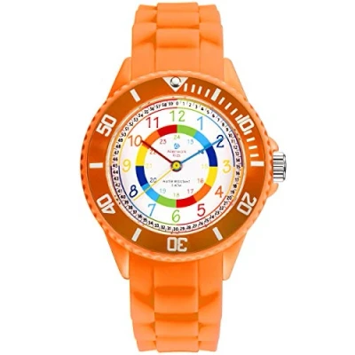 Abbildung von Alienwork Kids Lernuhr Kinderuhr Mädchen Uhrzeit Lernen Orange Silikon Armband Mehrfarbig Kinder Uhr Wasserdicht 5 ATM Zeit