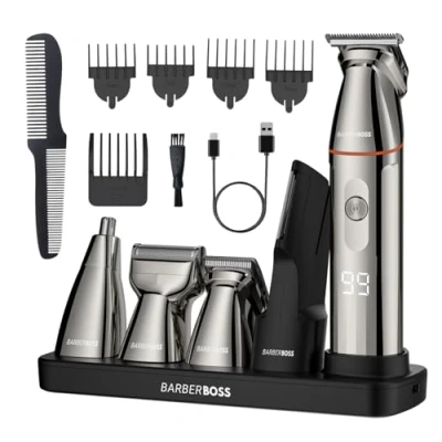 Abbildung von BarberBoss Bartschneider, Haarschneidemaschine für Männer, 5 in 1 Pflegeset Bartschneider Set Detailrasierer, Präzisionshaarschneider Nase, Ohren und Körper, QR 6010