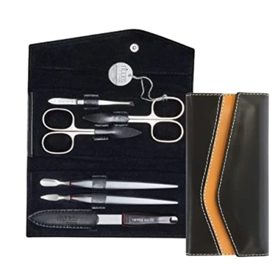 Abbildung von nippes Solingen Premium Line Maniküre Set Seam, 6 teilig, Edelstahl rost und nickelfrei, Rindsleder Etui mit Druckknopf, Schwarz/Beige, Nagelset, Nagelpflege Set, Made in Germany