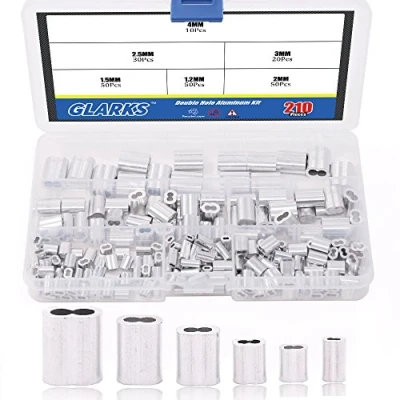 Abbildung von Glarks 210Pcs 6 Size Aluminum Double Barrel Ferrule Crimping Loop Sleeve for Wire Rope and Cable Line End Assortment Kit