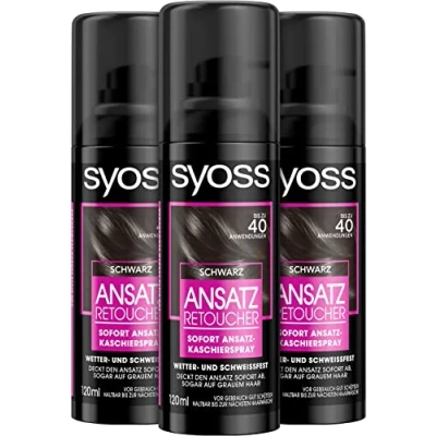 Abbildung von Syoss Ansatz Retoucher Kaschierspray Schwarz Stufe 1 (3 x 120 ml), Ansatzspray deckt helleren und grau nachwachsenden ab, Ansatzfarbe hält bis zur nächsten Haarwäsche