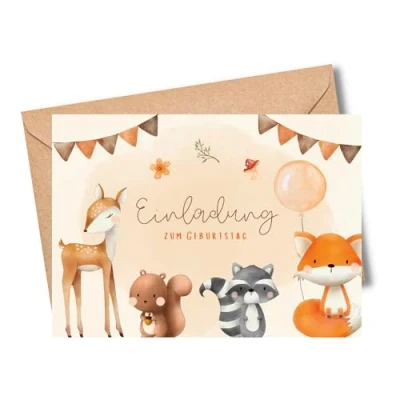 Abbildung von MeinBaby123® 10 Einladungskarten Kindergeburtstag Jungs und Mädchen Geburtstagseinladungen für Kinder Wald Tiere inkl. Briefumschläge Premium Qualität (Süße V1)