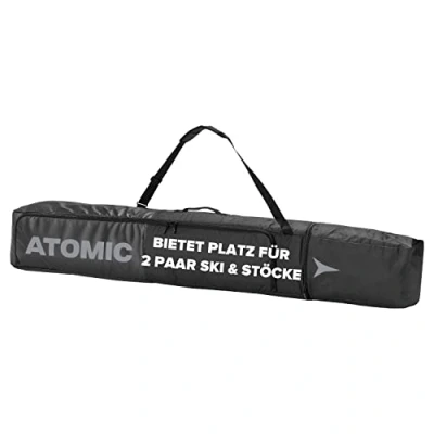 Abbildung von ATOMIC DOUBLE Ski BAG Schwarz Skitasche für zwei Paar &amp; Stöcke Längenverstellbare Tasche (175 205 cm) Wasser schmutzabweisendes Material Inkl. Tragegurt