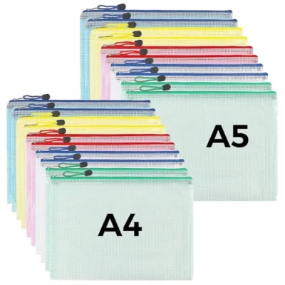 Abbildung von KOOSREEL A4+A5 Dokumententasche mit Reißverschluss 20PCS,Kunststoffmappe in 5 Farben, zur Aufbewahrung von kleinen Gegenständen, Kosmetika, Reisezubehör usw.