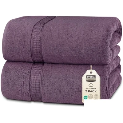 Abbildung von Utopia Towels 2er Badetücher Groß aus Baumwolle mit Aufhänger, Saunatücher,Badehandtücher Groß, Handtücher 90 x 180 cm (Pflaume)