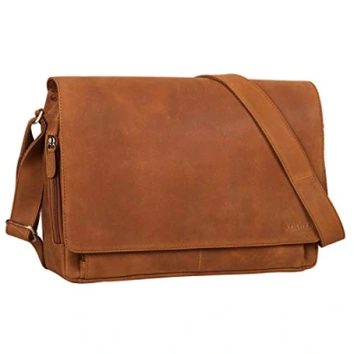 Abbildung von STILORD &#039;Tom&#039; Vintage Umhängetasche, Leder, elegant, Schultertasche, Unisex, für 15 Zoll Laptops, Handtuch, Braun Sabbia, L, Schulranzen