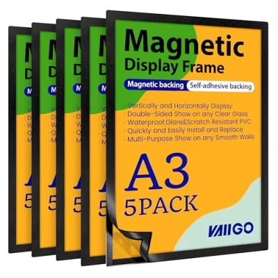 Abbildung von VAIIGO Magnetrahmen Info Rahmen Selbstklebend mit Magnetverschluss für Informationsrahmen DIN A3 Format 5 Stück Schwarz