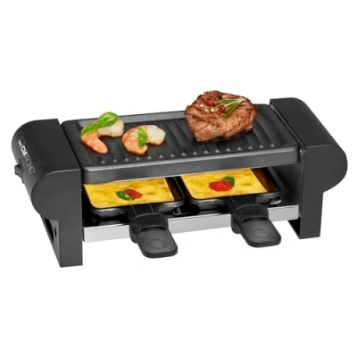 Abbildung von Clatronic® Raclette 2 Personen Mini mit ca. 20,5 x 10,5 cm Grillfläche für Grillen &amp; Überbacken antihaftbeschichtete Grillplatte Pfännchen 350W RG 3592