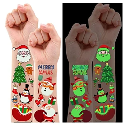 Abbildung von Leesgel Weihnachts Tattoo Kinder, 10 Blätter Im Dunkeln Leuchten Temporäre Tattoos für Party Dekoration Mitgebsel Kindergeburtstag Weihnachtsdeko Kinder Weihnachtsgeschenke