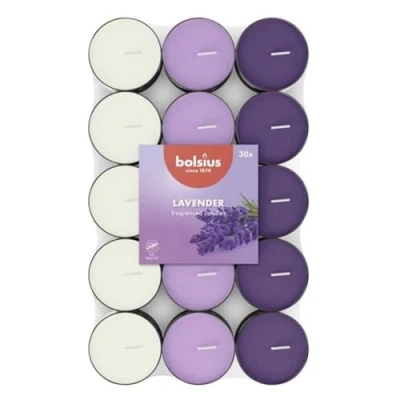 Abbildung von Bolsius 30 Duft theelichter Lavendel Brenndauer von 3,5 Stunden Durchmesser 38 mm Natürliche Extrakte Enthält Veganes Wachs Ohne Palmöl