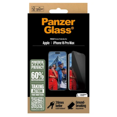 Abbildung von Apple iPhone 16 Pro Max Panzerglas PanzerGlass Privacy Ultra Wide Fit Anti Bacterial Screenprotector incl. applicator