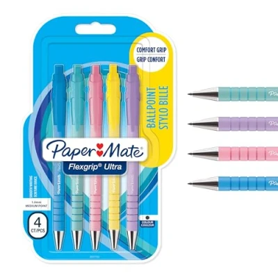 Abbildung von PAPER MATE Flexgrip Ultra Druckkugelschreiber mittlere Spitze (1,0 mm) schwarze Tinte Pastellfarben 5 Stück