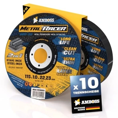 Abbildung von 10x Metall Trennscheibe Ø 115 x 1 22.23mm Die Metalltrennscheibe Metal Racer by AMBOSS WERKZEUGE ist geeignet für Stahl &amp; Edelstahl, Stahl/Inox passend Winkelschleifer