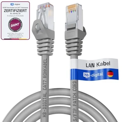 Abbildung von HB DIGITAL 0,5m LAN Kabel CAT 7 Rohkabel RJ45 S/FTP Netzwerkkabel Ethernet Patchkabel bis zu 10 Gbps 600 MHz Kupfer Profi PiMF für Patchpanel Switch Router Modem Grau