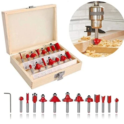 Abbildung von Fräser Bit Set für Oberfräse 15 tlg Holzfräser Fräsersatz Zylindrischer Schaft 6,35mm Heimwerker Hartmetall Holzfräs Bits in Holzbox Holzbearbeitung Oberfräsen