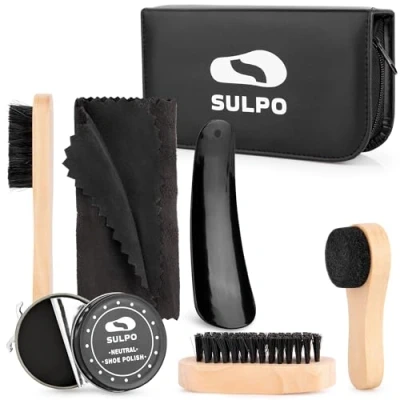 Abbildung von SULPO Schuhputzset 7 in 1 Lederschuhe Pflege Travel Bürsten Set Schuhpflege Lederpflege Ökologisches Leder Etui 2 Schuhpolitur Schwarz und Farblos