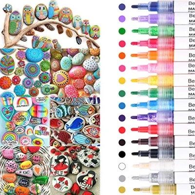 Abbildung von Beager Acrylstifte für Steine, 16 Farben Wasserfest Permanent Marker Steine Bemalen Stifte Acrylfarben Leinwand Leder Papier Glas Holz Kunststoff Keramik Metall Kinder DIY Fotoalbum