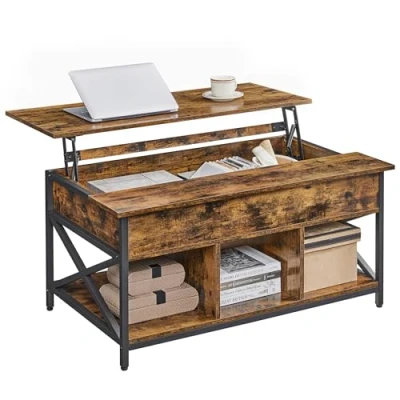 Abbildung von VASAGLE Couchtisch, höhenverstellbarer Wohnzimmertisch, Kaffeetisch, offener und versteckter Stauraum, x Streben, 60 100 (48 62) cm, vintagebraun schwarz LCT205B01