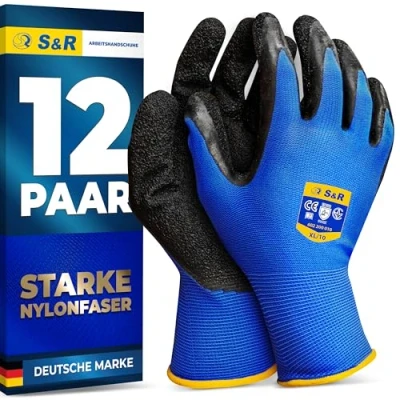 Abbildung von S&amp;R Arbeitshandschuhe 12 Paar XL aus NYLON mit LATEX Beschichtung, DRIVE GRIP® Technologie Schutzhandschuhe geeignet für den privaten und gewerblichen Gebrauch (XL/10)