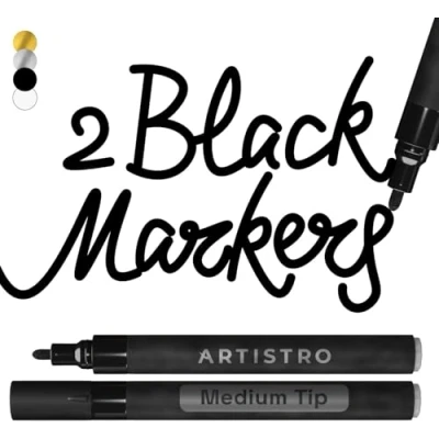 Abbildung von Artistro 2 schwarze Acrylfarbstifte für Steinmalerei, Keramik, Holz, Glas, Metall, Kunststoff, 3 mm mittlere Spitze, ideal zum Beschriften von Bastelprojekten