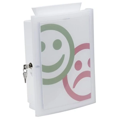 Abbildung von HAN Sammelbox IMAGE&#039;IN mit transparenter abschließbarer Tür und auswechselbarem Motiv, Wahlurne, Spendenbox, Losbox, Aktionsbox zur Wandmontage oder freistehend Standfüßen, 4102 12, weiß