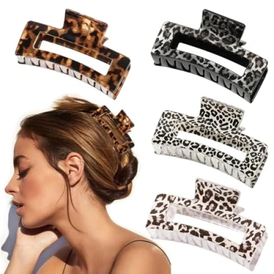 Abbildung von Haarklammer für Damen,4 Stück 8.5cm Rechteckig Haarspange Rutschfester Haarspangen mit Leopardenmuster Kiefer Klemme Haarklammern Claw Clip Hair Haar Accessoires Frauen Langes Dickes