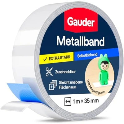 Abbildung von GAUDER Metallband selbstklebend Ideal für Tonie® Figuren &amp; Regale Magnetband Magnete Ferroband mit Schaumstoff Kleber Stahlband und Eisenband (1 m x 35 mm)