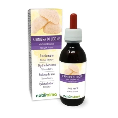 Abbildung von Igelstachelbart oder Löwenmähne (Hericium erinaceus) Pilz Alkoholfreier Urtinktur Naturalma Flüssig Extrakt Tropfen 120 ml Nahrungsergänzungsmittel Veganer
