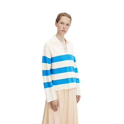 Abbildung von TOM TAILOR Damen Pullover mit Polokragen 1032599, 30190 Blue Large Knit Stripe, L
