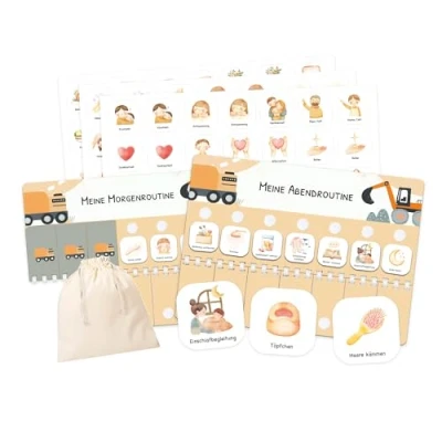 Abbildung von Routine Planer Kinder für Morgenroutine und Abendroutine Routineplaner, Tagesplan mit Klett Punkten 105 Symbolkärtchen, Montessori Planer, Routinehilfe zum Umklappen (Bagger)