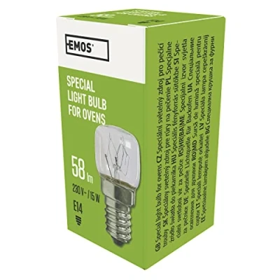 Abbildung von EMOS 15W Glühlampe für Backofen bis 300C, Herd Birne mit E14 Fassung, Helligkeit 58 lm, 230 V, Abmessungen 23 x 45 mm, Durchsichtig
