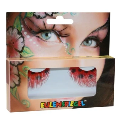 Abbildung von Eulenspiegel 000366 Künstliche Wimpern, rote Federn mit schwarzen Punkten, 1 ml Spezial Wimpernkleber, Anleitung, für Karneval, Mottoparty
