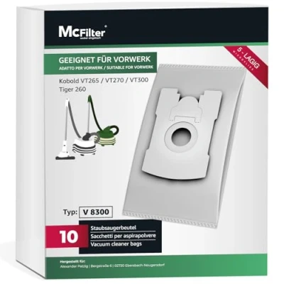 Abbildung von McFilter 10 Staubsaugerbeutel geeignet für Vorwerk Tiger 260, Kobold VT265 VT270 VT300 VT 265 270 300 Staubsauger, 5 lagiger Beutel aus Microvlies, Deckscheibe mit Hygieneverschluss