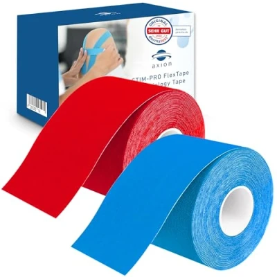Abbildung von axion Kinesiologie Tape 2er Set 500x5cm 2 Rollen wasserfeste, hautfreundliche, elastische und selbstklebende Bandage Physio optimal für Sport &amp; Alltag (Rot Blau)