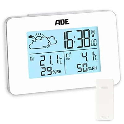 Abbildung von ADE Digitale Wetterstation Funk mit Außensensor Innen und Außentemperatur Luftfeuchtigkeitsmesser animierte Wettervorhersage Funkwecker Schlummerfunktion weiß