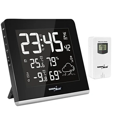 Abbildung von Green Blue GB151 Funk Wetterstation mit Außensensor DCF Wettervorhersage Multicolor 9 farbig LCD Display USB Ladefunktion