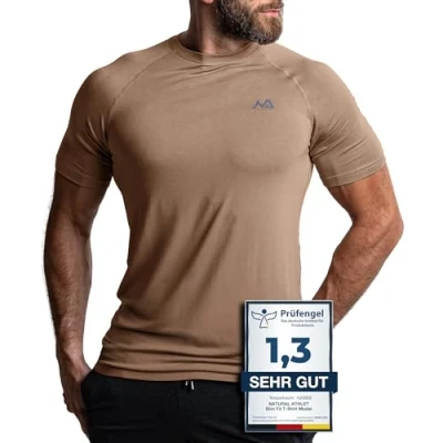 Abbildung von Natural Athlet Slim Fit Fitness Tshirt für Herren Enges &amp; langes atmungsaktives Männer Kurzarm Gym T Shirt Sport, Gym, Fitnessstudio, Workout, Bodybuilding und Krafttraining Sand