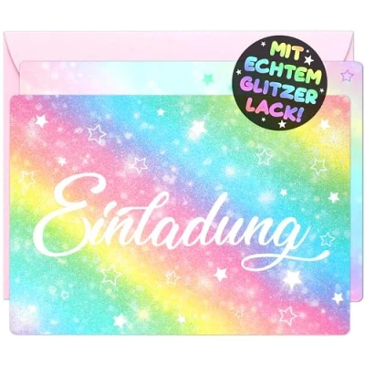 Abbildung von 12x GLITZER Regenbogen EINLADUNGSKARTEN KINDERGEBURTSTAG Mädchen Junge + Umschläge die Rainbow PARTY Karten sind Einladung für Kinder GEBURTSTAG
