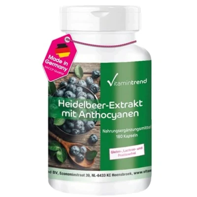 Abbildung von Heidelbeer Extrakt Kapseln 180 mit 25% Anthocyanen hochdosiert vegan Vitamintrend®