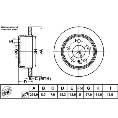 Abbildung von ATE 24.0108 0111.1 Bremsscheibe 258,0 8,0 5 112,0 voll beschichtet MERCEDES BENZ: A Class, Vaneo