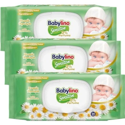 Abbildung von Babylino Sensitive Baby Tücher 0% Duft, 98% natürliche Formel, die den pH Wert der Haut wiederherstellt, 3 Packungen mit Frischeverschluss, 162