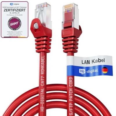 Abbildung von HB DIGITAL 5m LAN Kabel CAT 7 Rohkabel RJ45 S/FTP Netzwerkkabel Ethernet Patchkabel bis zu 10 Gbps 600 MHz Kupfer Profi PiMF für Patchpanel Switch Router Modem Rot