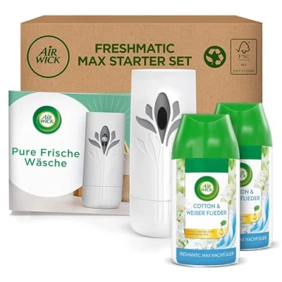 Abbildung von Air Wick Freshmatic Max PURE Starter Set mit Gerät und 2 Nachfüllern Lufterfrischer automatisch Duft: Frische Wäsche x 250 ml Nachfüller + in Weiß