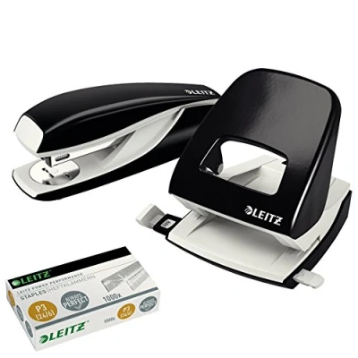 Abbildung von Leitz 5008 NeXXt Series Bürolocher, Metall, bis zu 30 Blatt / Kombi Set mit Heftgerät + 1000 Klammern extra (schwarz)