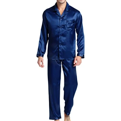 Abbildung von Herren Schlafanzug Pyjama Set Satin Nachtwäsche mit Langen Ärmel Loungewear (Blau, XL)