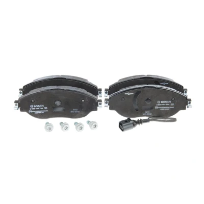 Abbildung von BOSCH 0 986 494 704 Bremsbelagsatz Low Metallic mit integriertem Verschleißsensor Anti Quietsch Blech, Schrauben Zubehör