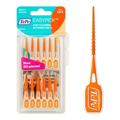Abbildung von TePe EasyPick Dental Picks, Orange, ISO XS S, 60 Stk., effiziente Reinigung der Zahnzwischenräume, langlebiger Pick für kleine Zahnlücken