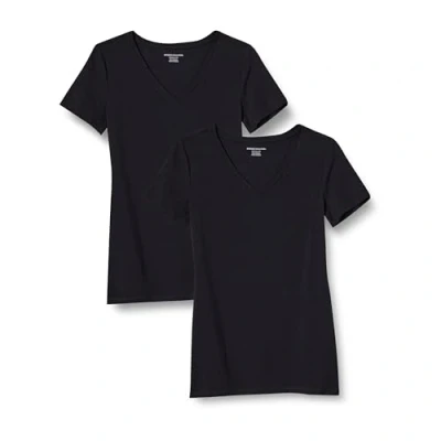 Abbildung von Amazon Essentials Damen Kurzärmeliges T Shirt mit V Ausschnitt (erhältlich in Übergröße), 2er Pack, Schwarz, 3XL Große Größen