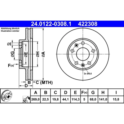 Abbildung von ATE 24.0122 0308.1 Bremsscheibe 269,0 22,5 5 114,3 Belüftet beschichtet hochgekohlt RENAULT: Megane 4, IV Saloon